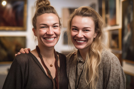 portrait of two female art gallery workers smiling together, created with generative aiの素材
