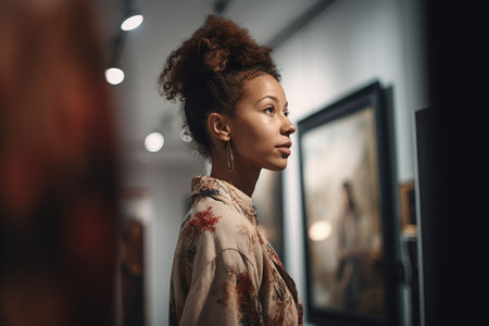 shot of a woman at an art gallery, created with generative aiの素材