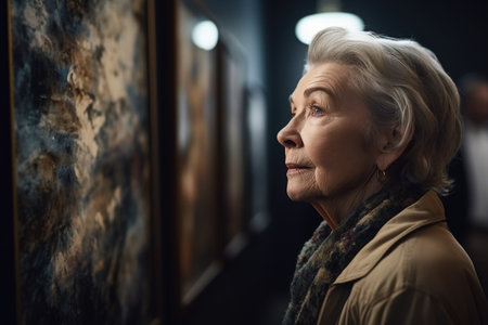 shot of a mature woman looking at art work in an art gallery, created with generative aiの素材