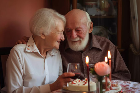 happy, love and cake with senior couple in home for celebration of special event or occasion, created with generative aiの素材