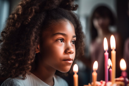 cropped shot of a young girl blowing out her candles on her birthday, created with generative aiの素材
