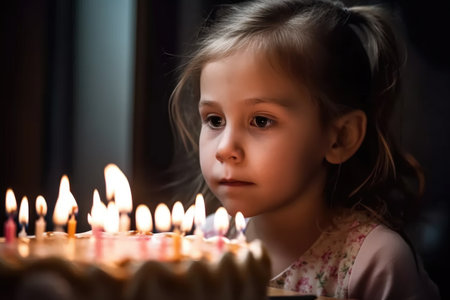 shot of a little girl blowing out candles on her cake at home, created with generative aiの素材