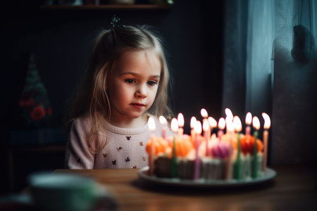 shot of a little girl blowing out candles on her cake, created with generative aiの素材