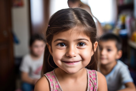 portrait of a happy little girl with family in the background at home, created with generative aiの素材