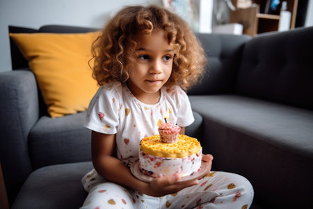 shot of a little girl holding her birthday cake while sitting on the sofa at home, created with generative aiの素材