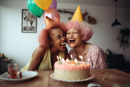 shot of a two women having fun while celebrating someone elses birthday, created with generative aiの素材