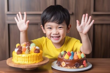 boy with cake, hand sign and smile for birthday celebration, created with generative aiの素材
