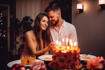 happy, love and cake with a couple on a date at home together for celebration or birthday, created with generative aiの素材