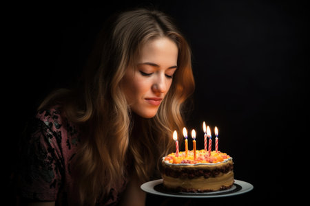 studio shot of a beautiful young woman blowing out candles on her birthday cake, created with generative aiの素材
