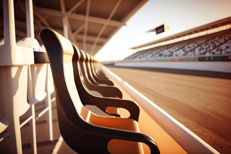 a close-up of the empty seat, with a view of the grandstand and track in the background, created with generative aiの素材
