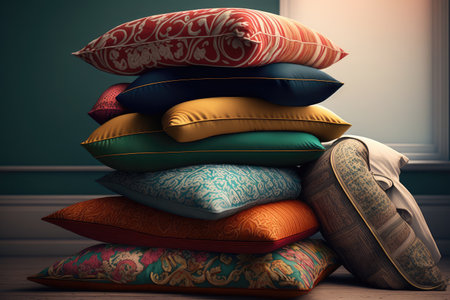 stack of pillows, with patterned and solid colors mix, on bed, created with generative aiの素材