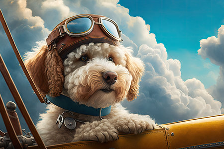 poodle sitting in cockpit of biplane, with view of the clouds, created with generative aiの素材