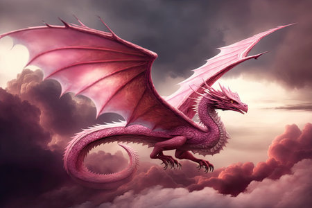 pink dragon soaring through the clouds, its wings spread wide, created with generative aiの素材