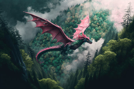 pink dragon soaring through the clouds, with view of lush green forest below, created with generative aiの素材