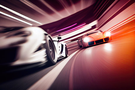 race track, with cars speeding past in blur of motion and excitement, created with generative aiの素材