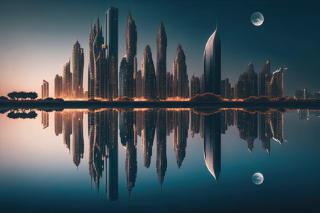 reflection of skyscrapers on the calm waters of a lake, created with generative aiの素材