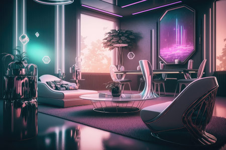 extravagant interior with futuristic elements, such as holographic screens and floating furniture, created with generative aiの素材