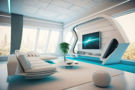 futuristic living room with sleek, minimalist design, floating furniture and holographic projection, created with generative aiの素材