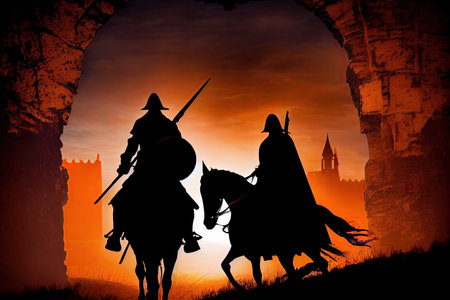 two knights, riding on their horses and storming the fortress in dramatic sunrise, created with generative aiの素材
