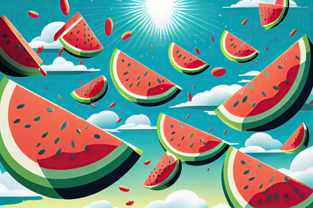 watermelon slices flying through blue sky, with clouds and sunshine visible, created with generative aiの素材