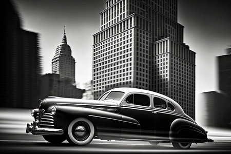classic car speeding past modern buildings and towering skyscrapers, created with generative aiの素材