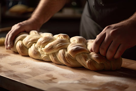 close-up of bread dough being shaped and scored into a braid, created with generative aiの素材