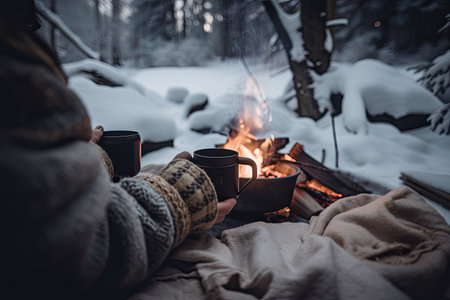 campfire with cozy blanket and hot cocoa in hand, surrounded by snowy forest setting, created with generative aiの素材