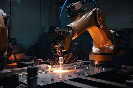 robotic arm, welding together pieces of metal plate, created with generative aiの素材
