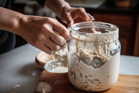 sourdough starter being fed and nurtured before it is used to bake bread, created with generative aiの素材
