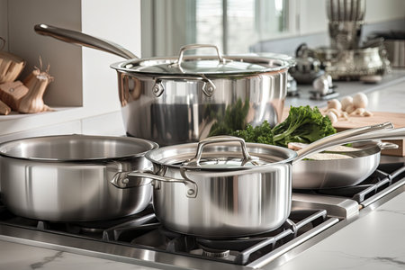 person, cooking with classic pots and pans on stainless steel kitchen countertop, created with generative aiの素材