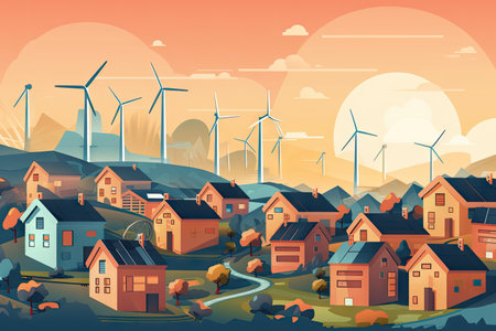 sustainable community, with solar panels and wind turbines providing renewable energy, created with generative aiの素材