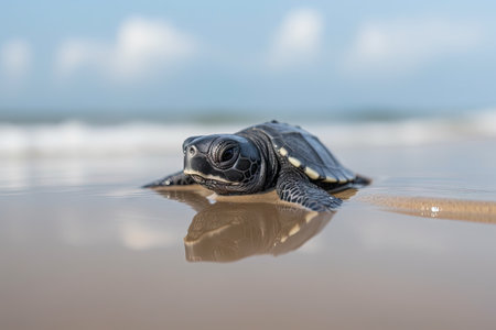 baby turtle climbing up the beach to reach the ocean for first time, created with generative aiの素材