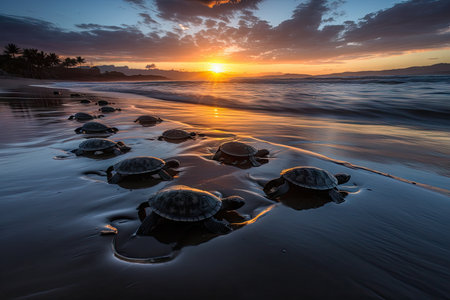 majestic view of sunrise over the ocean, with baby turtles making their way to the water, created with generative aiの素材