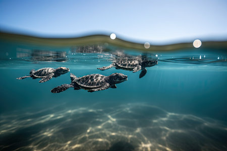 group of baby turtles swimming in unison, toward the horizon, created with generative aiの素材