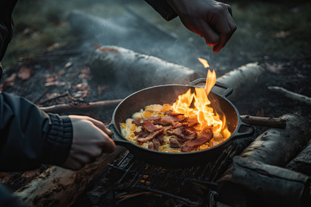 backpacker cooking breakfast of scrambled eggs and bacon over open flame, created with generative aiの素材