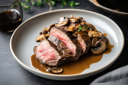 bowl of perfectly cooked sous-vide steak, topped with mushroom and truffle sauce, created with generative aiの素材