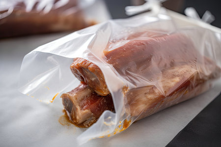 sous-vide pork ribs, slowly cooked to juicy tenderness in a bag, created with generative aiの素材