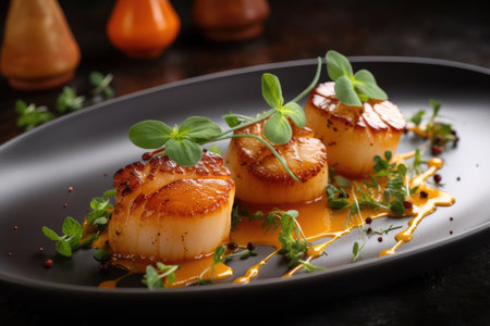 beautiful plate of sous-vide seared scallops with herbs and spices, created with generative aiの素材