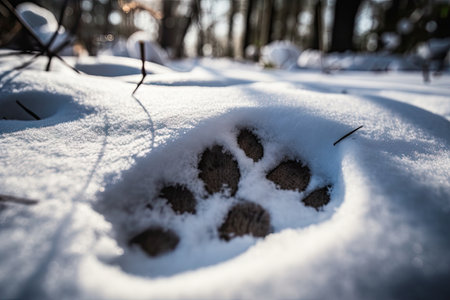 close-up of deer hoof print in the snow, created with generative aiの素材