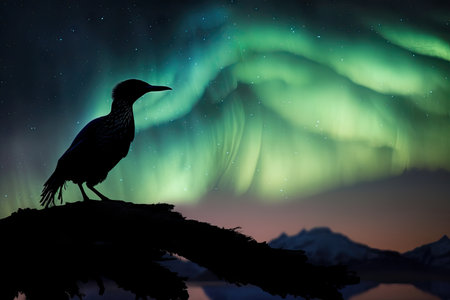 aurora borealis and australis, with silhouette of soaring bird in the foreground, created with generative aiの素材