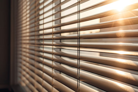 close-up of automated blinds in motion, with the sun shining through, created with generative aiの素材