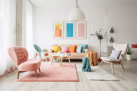 bold color blocks in a white room, with soft textures and pastels for a modern look, created with generative aiの素材