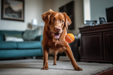 a dog playing fetch with its favorite ball in the living room, created with generative aiの素材