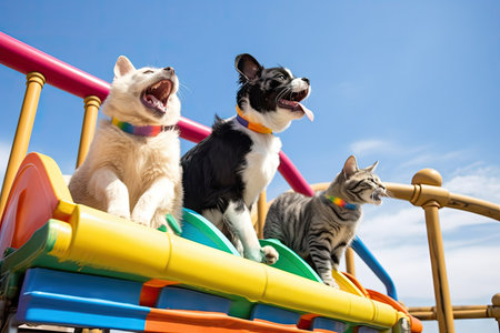 pair of cats and dogs riding the rollercoaster, with their ears and tails flying in the wind, created with generative aiの素材