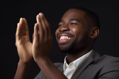 hands, applause and clapping in a studio as a man celebrates his success with motivation, created with generative aiの素材