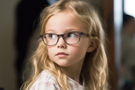 a young girl wearing glasses and looking away from the camera, created with generative aiの素材