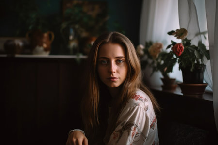 portrait of a young woman at home, created with generative aiの素材