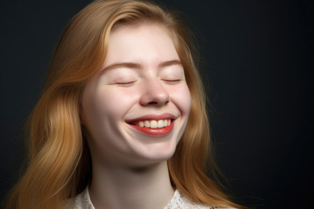 closeup studio shot of a young woman smiling with her eyes closed, created with generative aiの素材