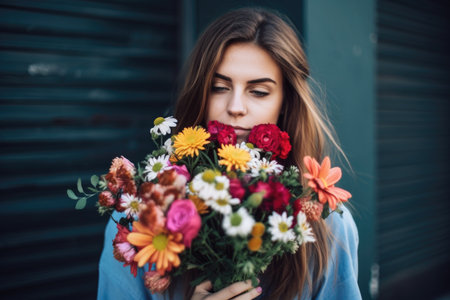 shot of a young woman holding a bunch of colorful flowers, created with generative aiの素材