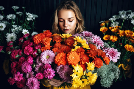 shot of a young woman holding a bunch of colorful flowers, created with generative aiの素材